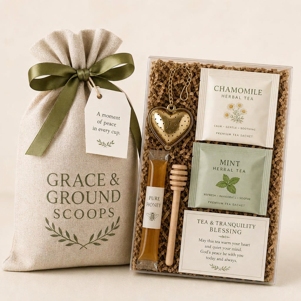 Mini Tea Moment set with a gold heart tea infuser, two premium tea sachets, honey stick, wooden honey dipper, and Tea & Tranquility Blessing Card beside a Grace & Ground Scoops drawstring bag.