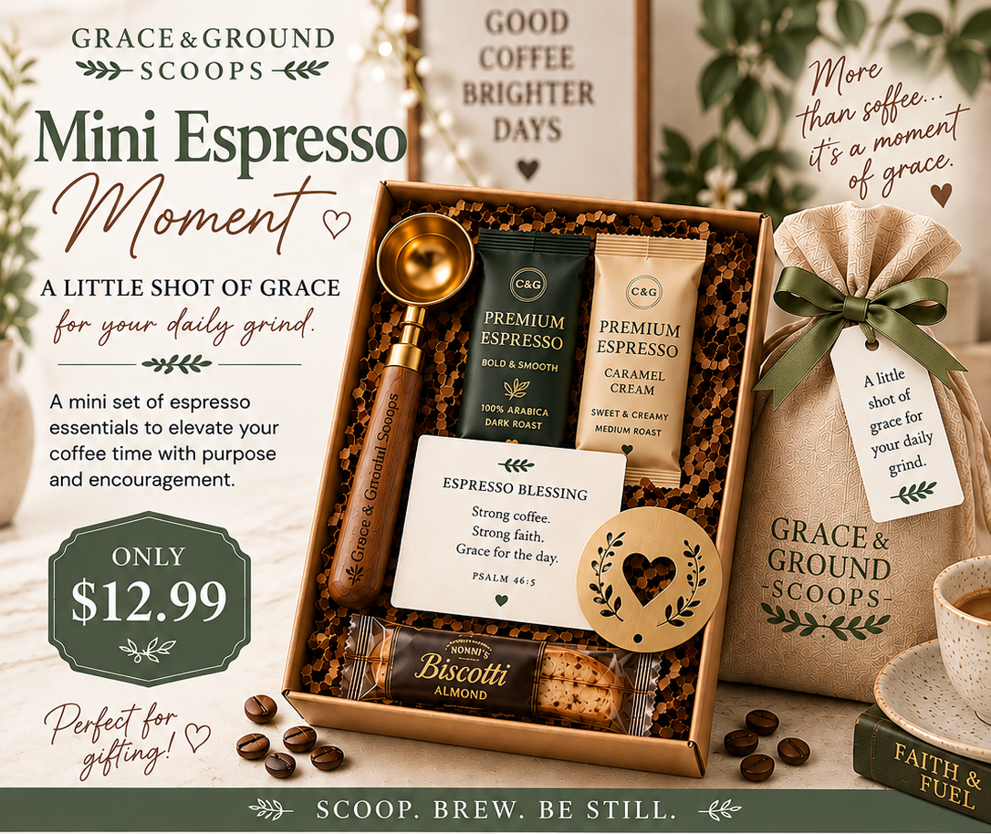 Mini Espresso Moment gift box with a gold measuring scoop, two premium espresso samples, biscotti treat, heart coffee stencil, and blessing cards beside a Grace & Ground Scoops drawstring bag.