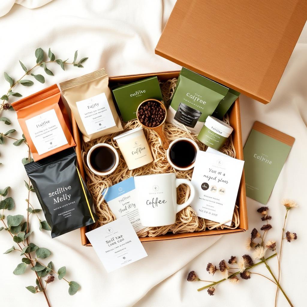 Blessed & Brewed deluxe gift box with multiple coffees, mug, accessories, and faith cards on cream linen.