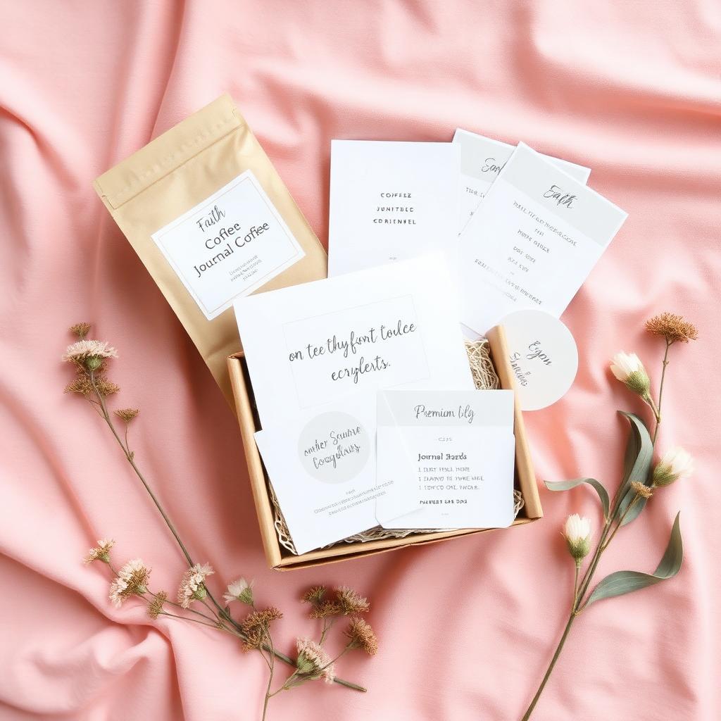 Faith Fuel Scoop gift box with coffee, journal cards, and premium surprise on blush linen with dried florals.