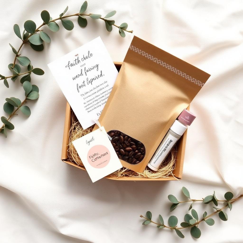 Morning Grace Scoop gift box with coffee, scripture card, bookmark, and lip balm on cream linen with eucalyptus.
